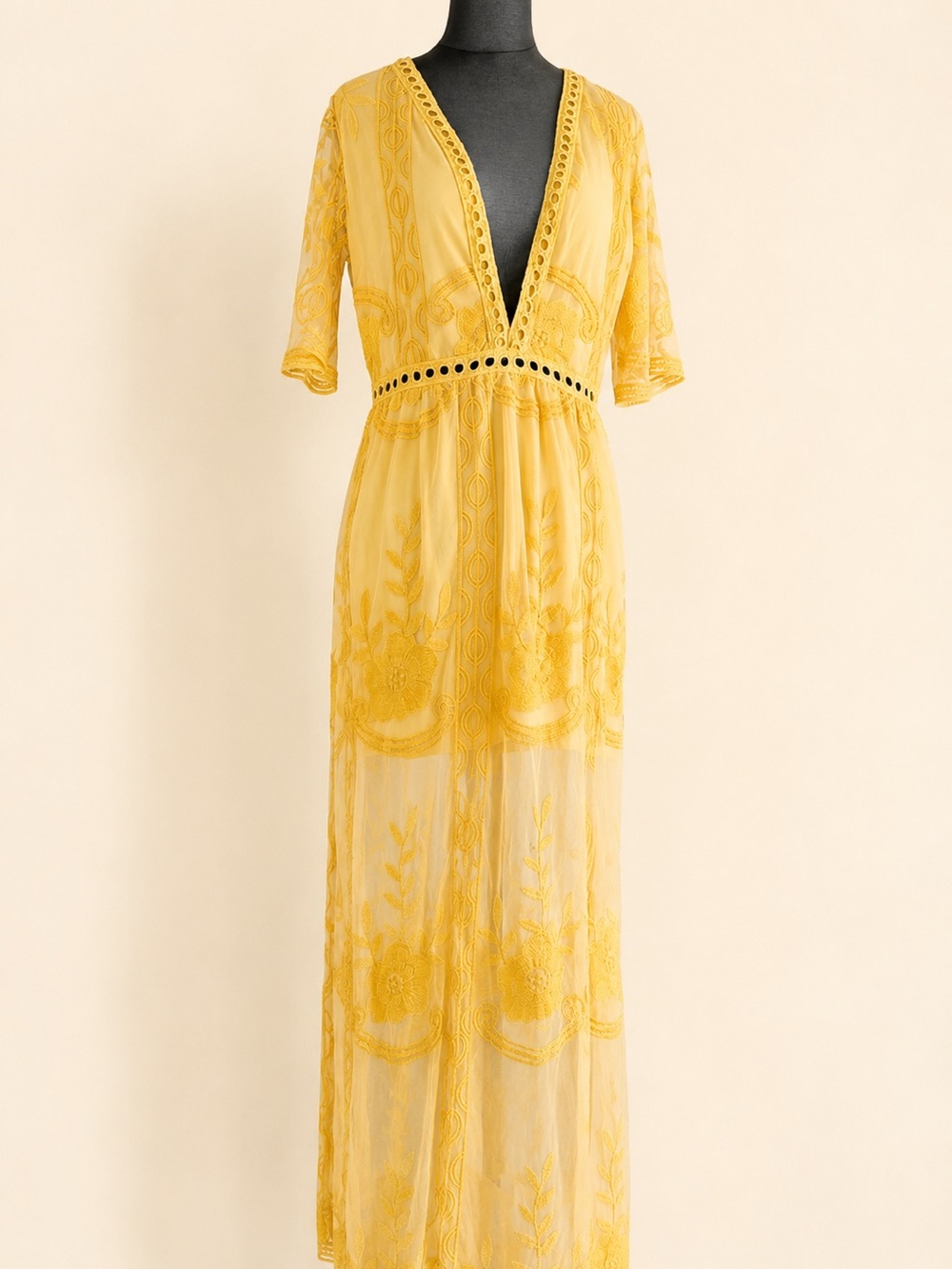 ELETER Mustard Yellow Embroidered Sheer Mesh Boho Maxi Dress Size S
